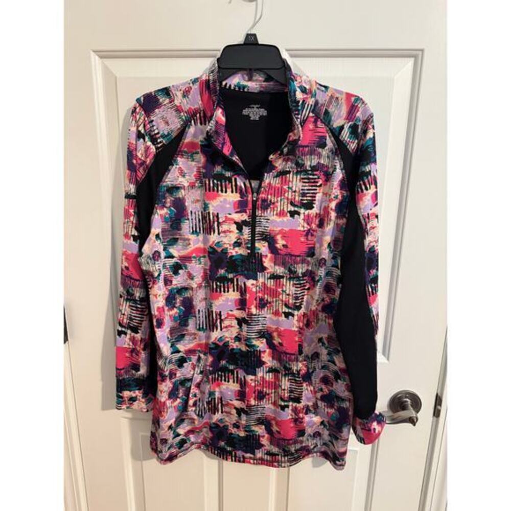 CJ Banks Quarter Zip Long Sleeve Athletic Knit Top Plus 1X Pink Black Pockets